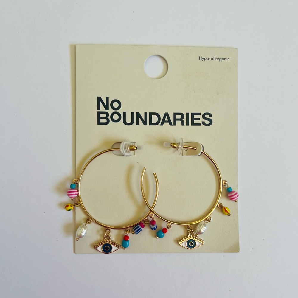 NWT No Boundaries Gold Tone Colorful Evil Eye Hoop Earrings with Charms🧿✨